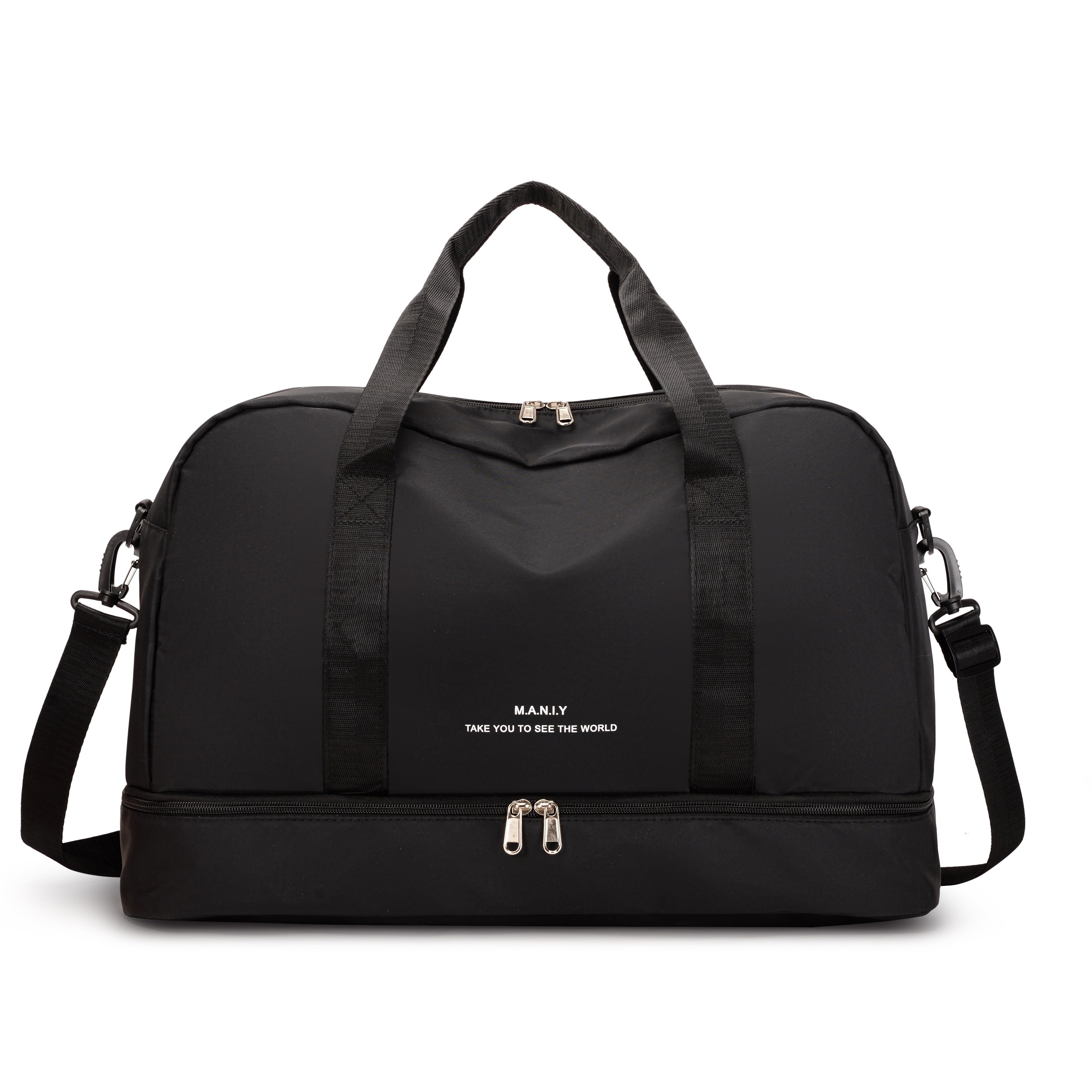Schwarze Reisetasche mit Schultergurt, robustem Design und Reißverschlüssen. Perfekt für Reisen, Sport und Alltag. Hochwertige Materialien.