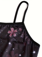 Schwarzes Trägertop mit Kirschblütenmuster, Damenmode, Frühling, Polyester.