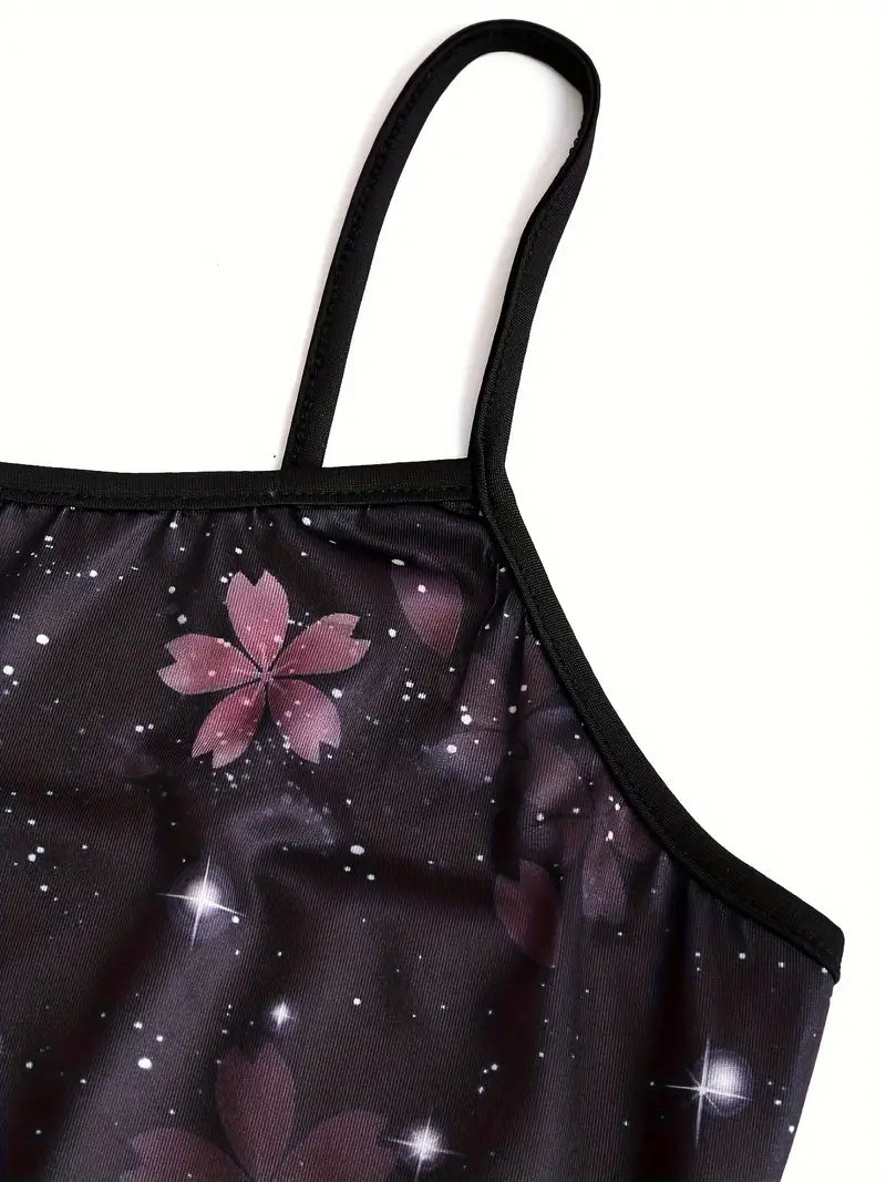 Schwarzes Trägertop mit Kirschblütenmuster, Damenmode, Frühling, Polyester.