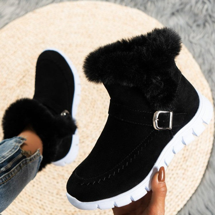 Schwarze Winterstiefel mit Kunstfell, rutschfeste weiße Sohle, modisch und warm, ideal für Damen. Perfekt für kalte Tage und stilvolle Outfits.