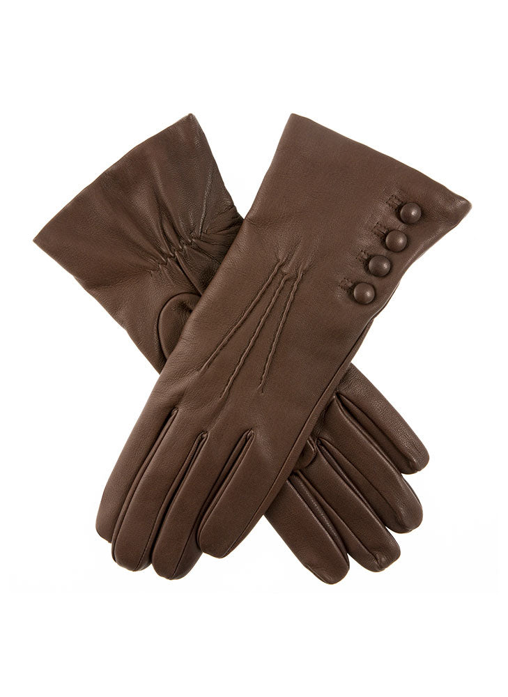 Damen-Lederhandschuhe in Mokkaton mit Knöpfen, elegant und stilvoll. Perfekt für Herbst und Winter. Hochwertige Materialien, zeitloses Design.
