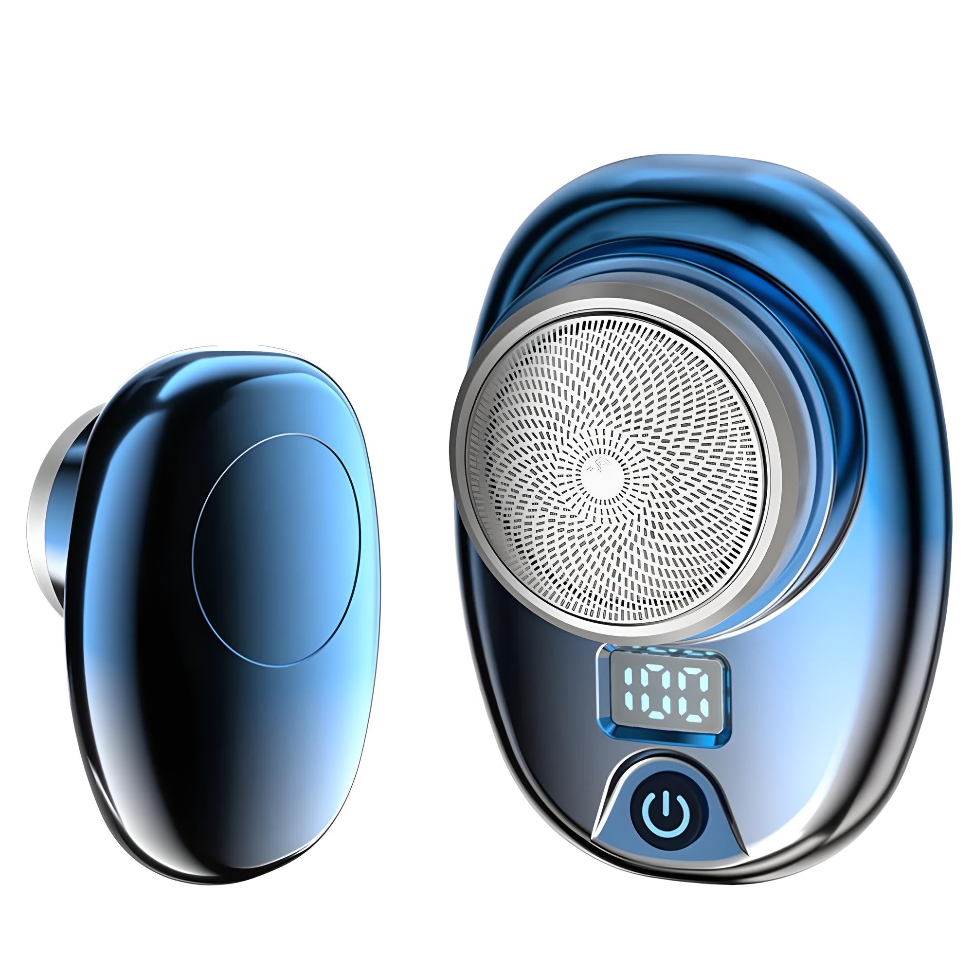 Elektrischer blauer Rasierer mit digitalem Display, kabellos, ergonomisches Design.