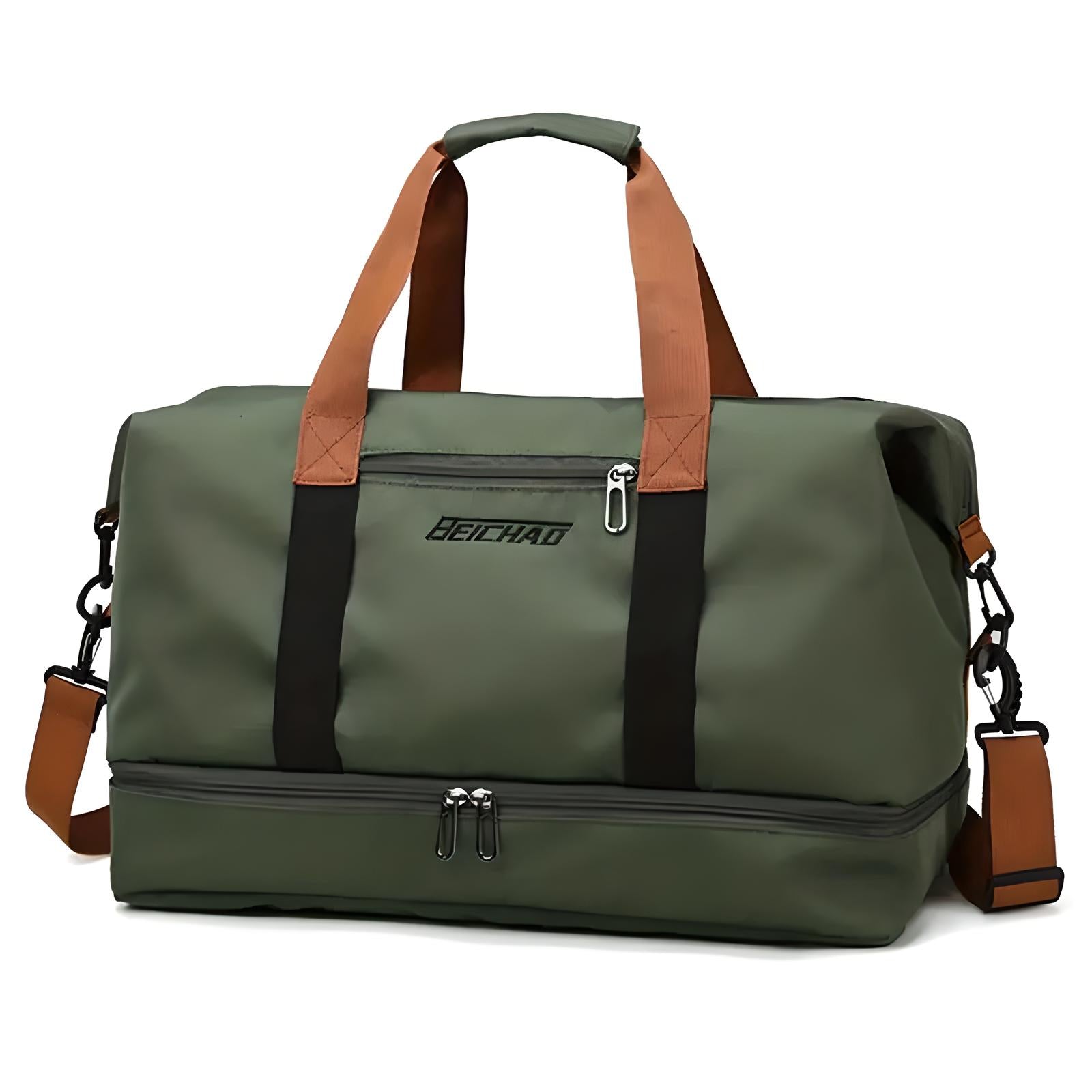 Grüne Reisetasche mit braunen Griffen, Reißverschluss, robustem Material, ideal für Reisen.