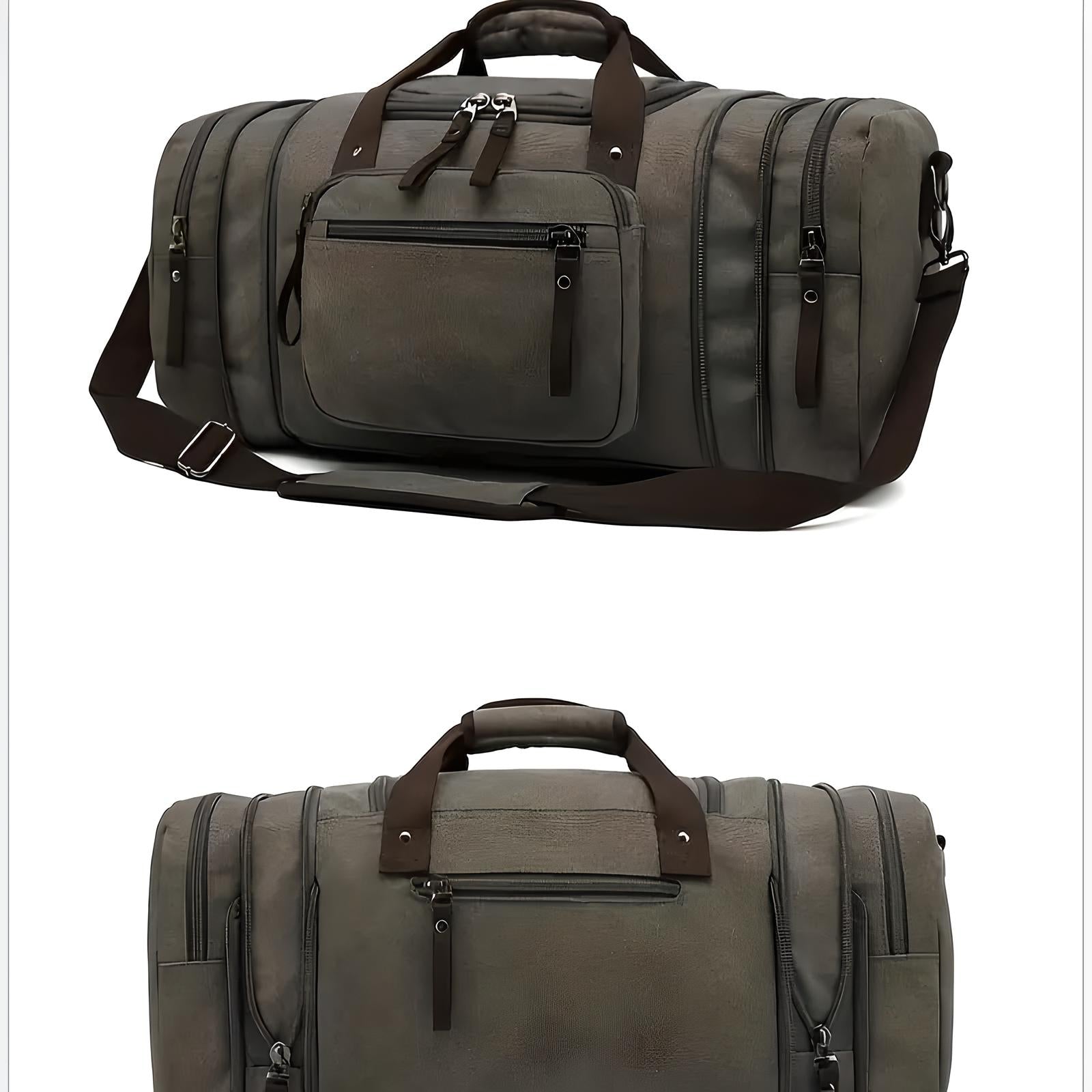 Reisetasche aus grauem Leder mit Schultergurt, Reißverschlusstaschen, stilvolles Design.