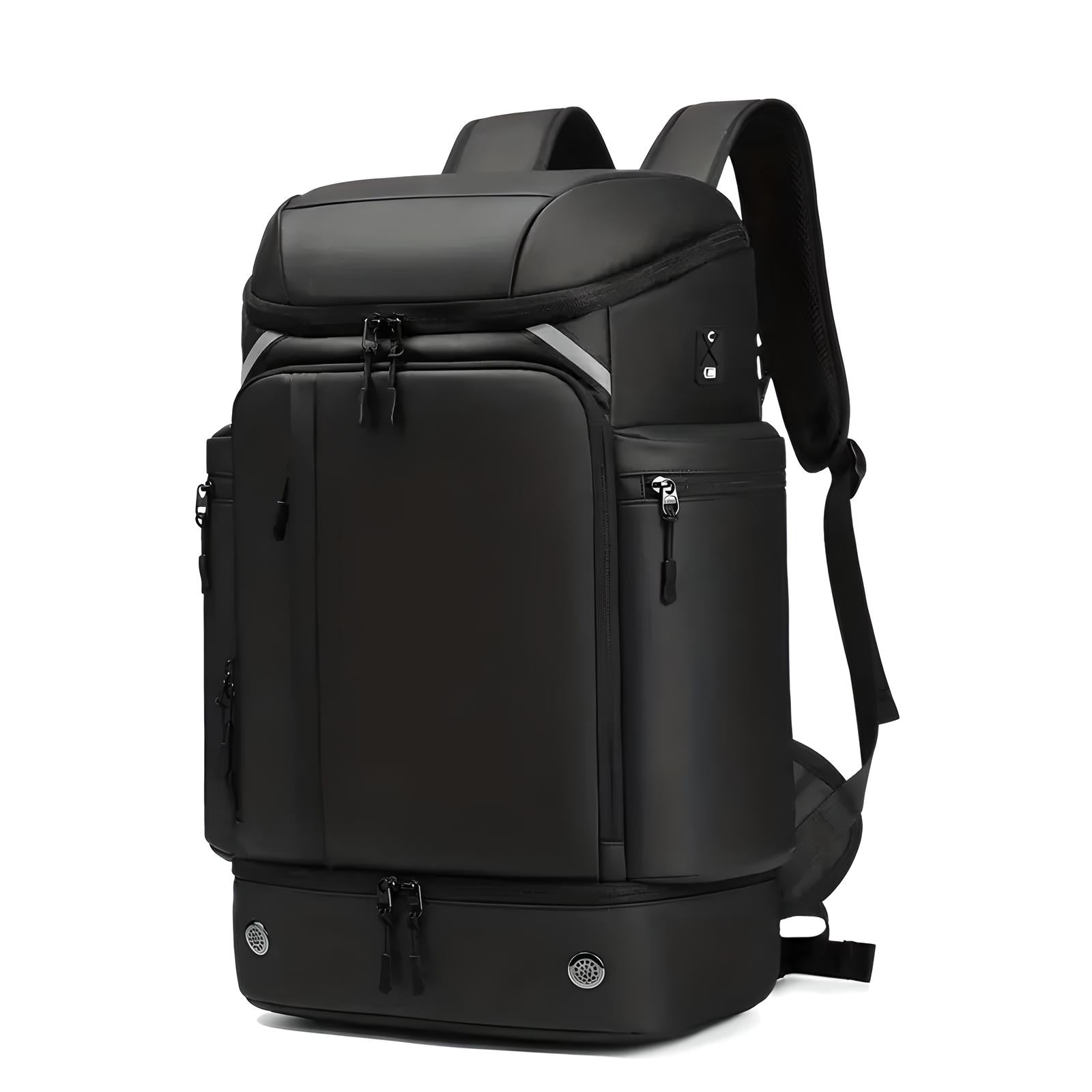 Schwarzer Laptop-Rucksack, wasserdicht, mit mehreren Fächern, ideal für Reisen und Arbeit.