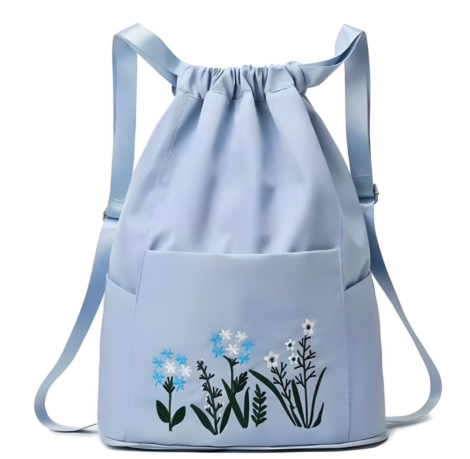 Hellblauer Rucksack mit Blumenstickerei, Kordelzug, modisch, Damen, Freizeit, Polyester.