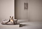 Hund in grauem, gesteppter Hundebett aus Samt, modernes Design, luxuriöses Haustierzubehör.