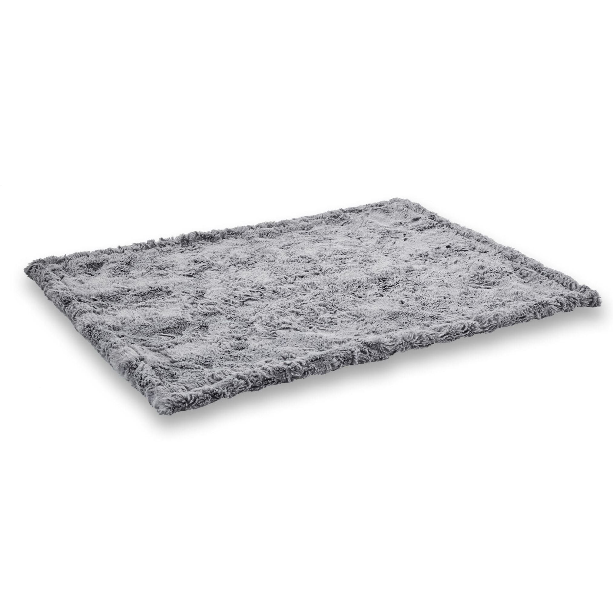 Graues, rechteckiges Hundebett aus Plüsch, weich und gemütlich, ideal für Haustiere.