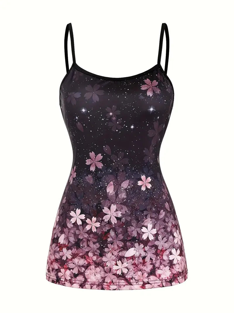 Damen Top mit Spaghettiträgern, schwarzer Hintergrund, rosa Blumenmuster, ärmellos, elegant.