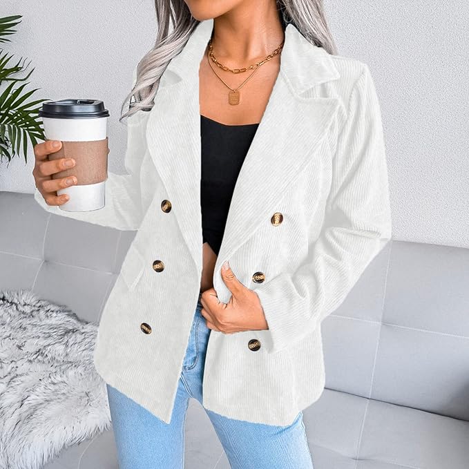 Damen Cordjacke in Weiß, doppelte Knopfleiste, lässiger Stil, ideal für Herbstmode. Perfekt kombiniert mit Jeans und schwarzem Top.