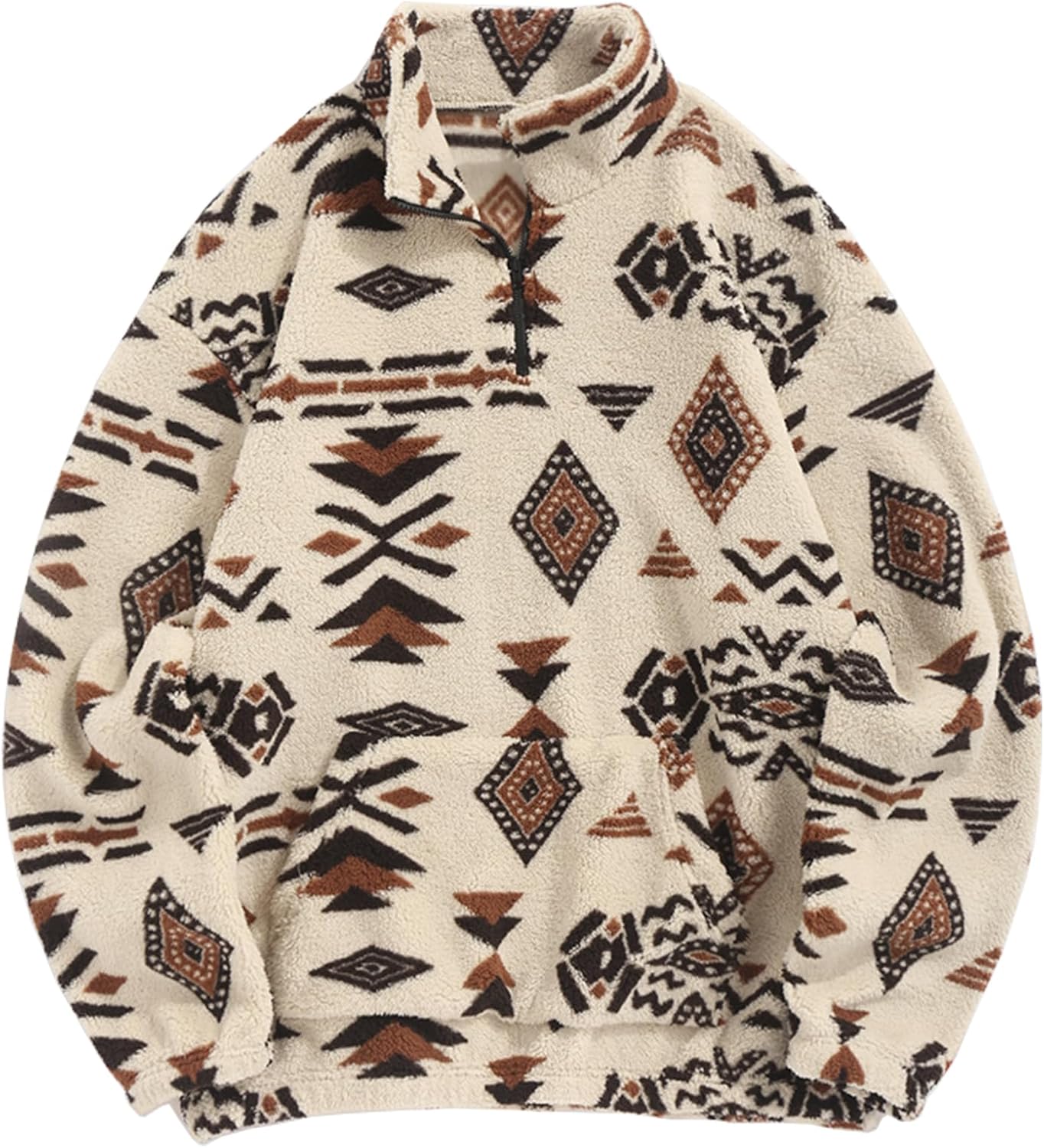 Damen Fleece-Pullover mit Aztekenmuster, beige, warm, modisch, Winterbekleidung.