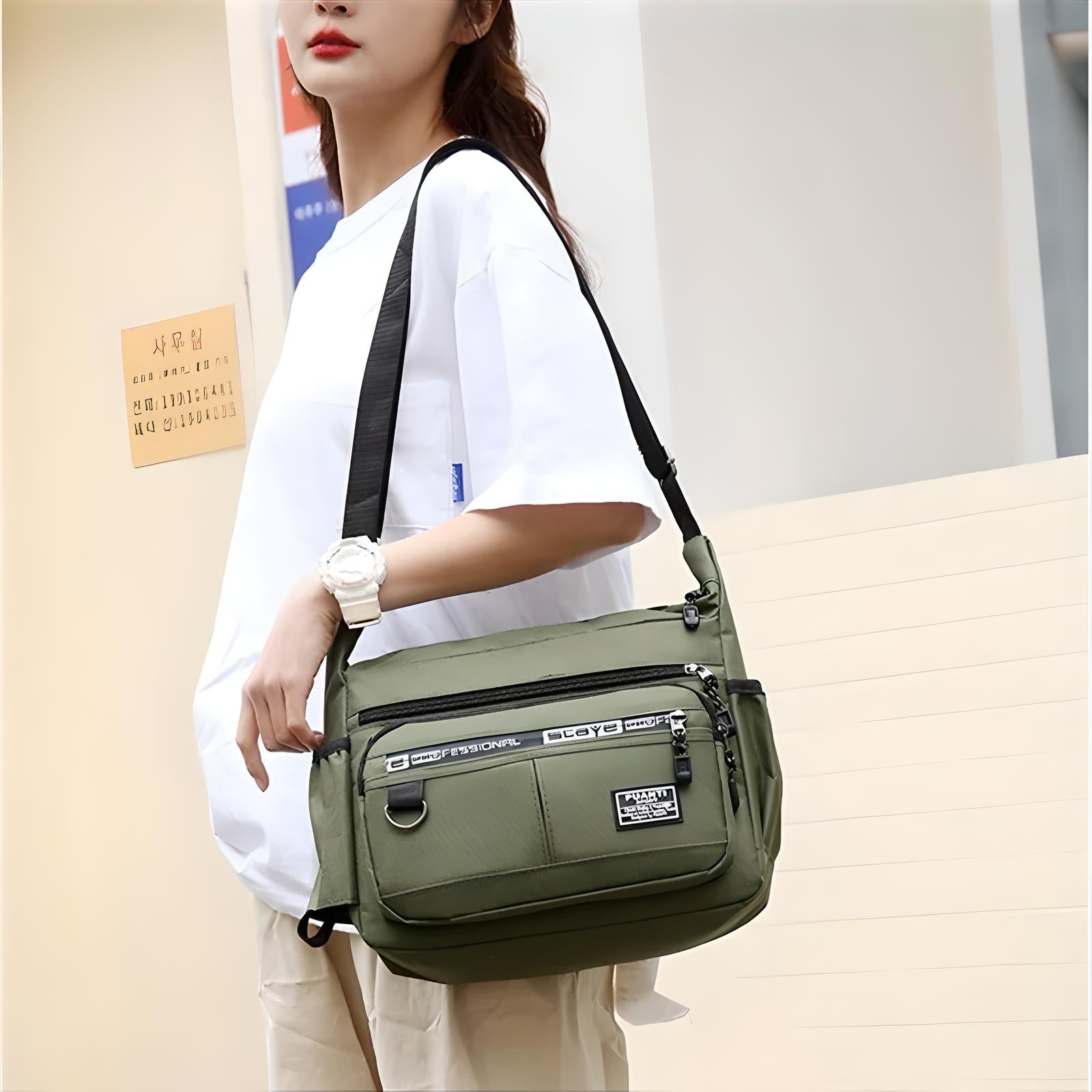 Grüne Umhängetasche Damen, Nylon, mehrere Fächer, lässiger Stil, modisch, praktisch.