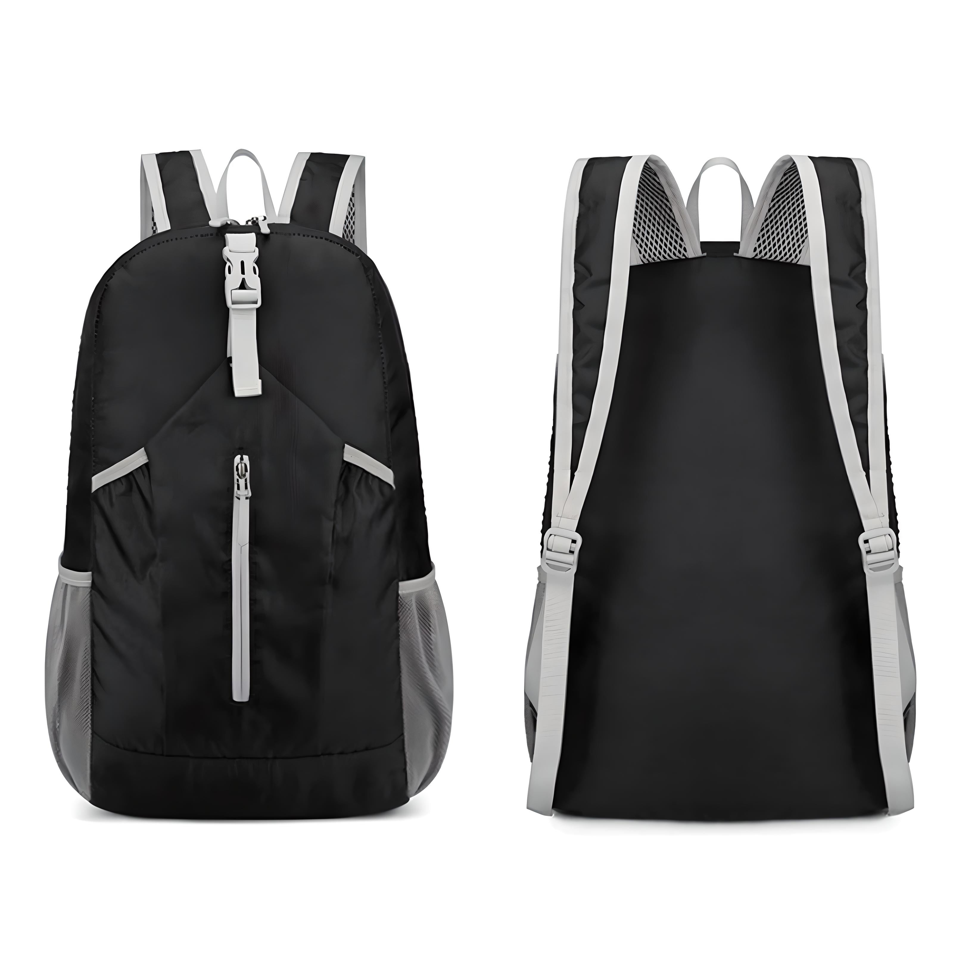 Schwarzer Rucksack, leicht, wasserabweisend, mit grauen Akzenten, ideal für Reisen und Alltag.