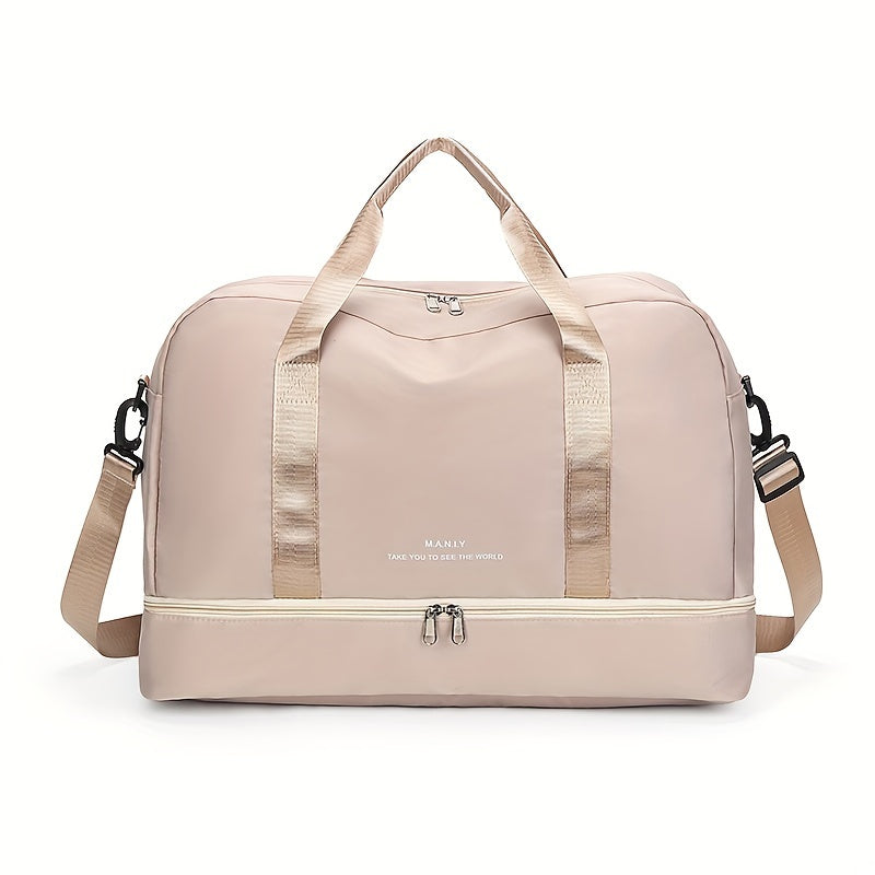 Beige Reisetasche mit Schultergurt, ideal für Wochenendausflüge. Stilvoll, geräumig und langlebig. Perfekt für Reisen und Sport.