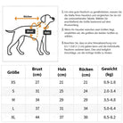 Größentabelle für Hundegeschirre: Brust-, Hals- und Rückenmaße in cm für XS bis XL. Optimale Passform für Haustiere, Gewicht in kg angegeben.