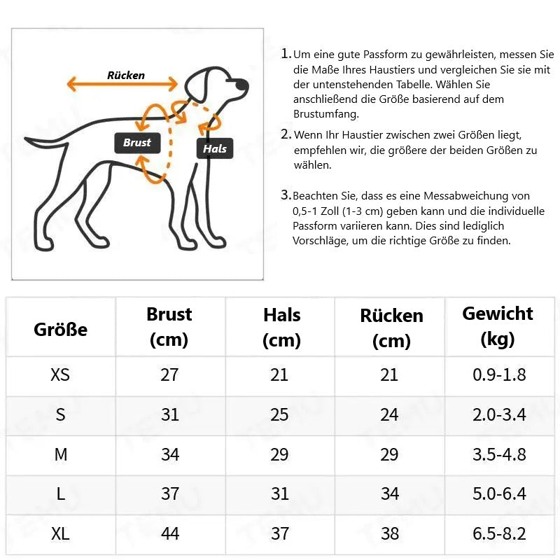 Größentabelle für Hundegeschirre: Brust-, Hals- und Rückenmaße in cm für XS bis XL. Optimale Passform für Haustiere, Gewicht in kg angegeben.