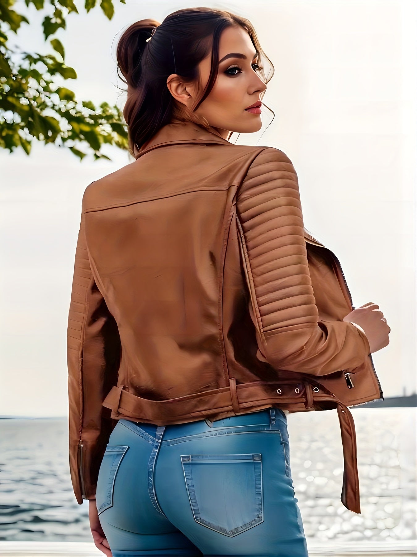Frau in brauner Lederjacke am See, stilvoll und modern. Perfekt für Herbstmode, Damenbekleidung, Outdoor-Look. Hochwertige Jacke, trendig.