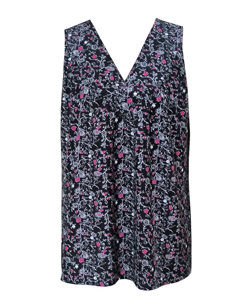 Ärmelloses Damen-Top mit V-Ausschnitt, schwarzer Hintergrund, florales Muster in Weiß und Pink. Perfekt für Sommermode und Freizeitkleidung.