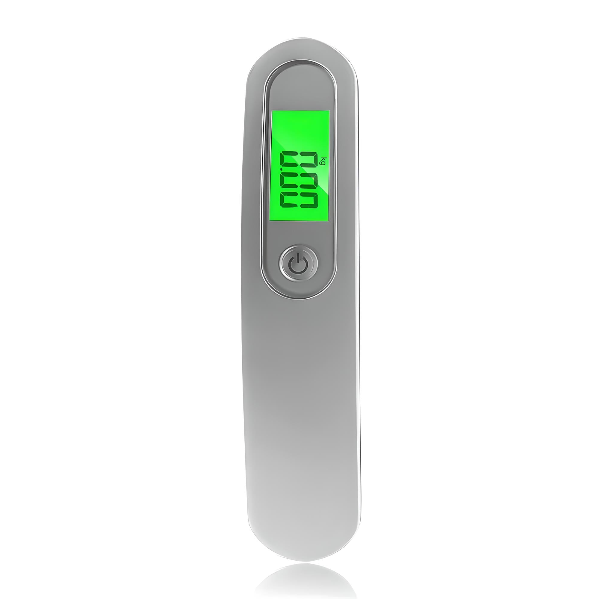Digitales Infrarot-Thermometer mit grünem Display, berührungslos, silber, für Fiebermessung.