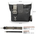 Schwarze Ledertasche mit gemustertem Gurt, 29x25 cm. Verstellbarer Schulterriemen, ideal für Damenmode, stilvoll und praktisch.