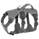 Graues Hundegeschirr mit robusten Schnallen und verstellbaren Gurten, ideal für Outdoor-Aktivitäten. Komfortabel, langlebig, sicher.