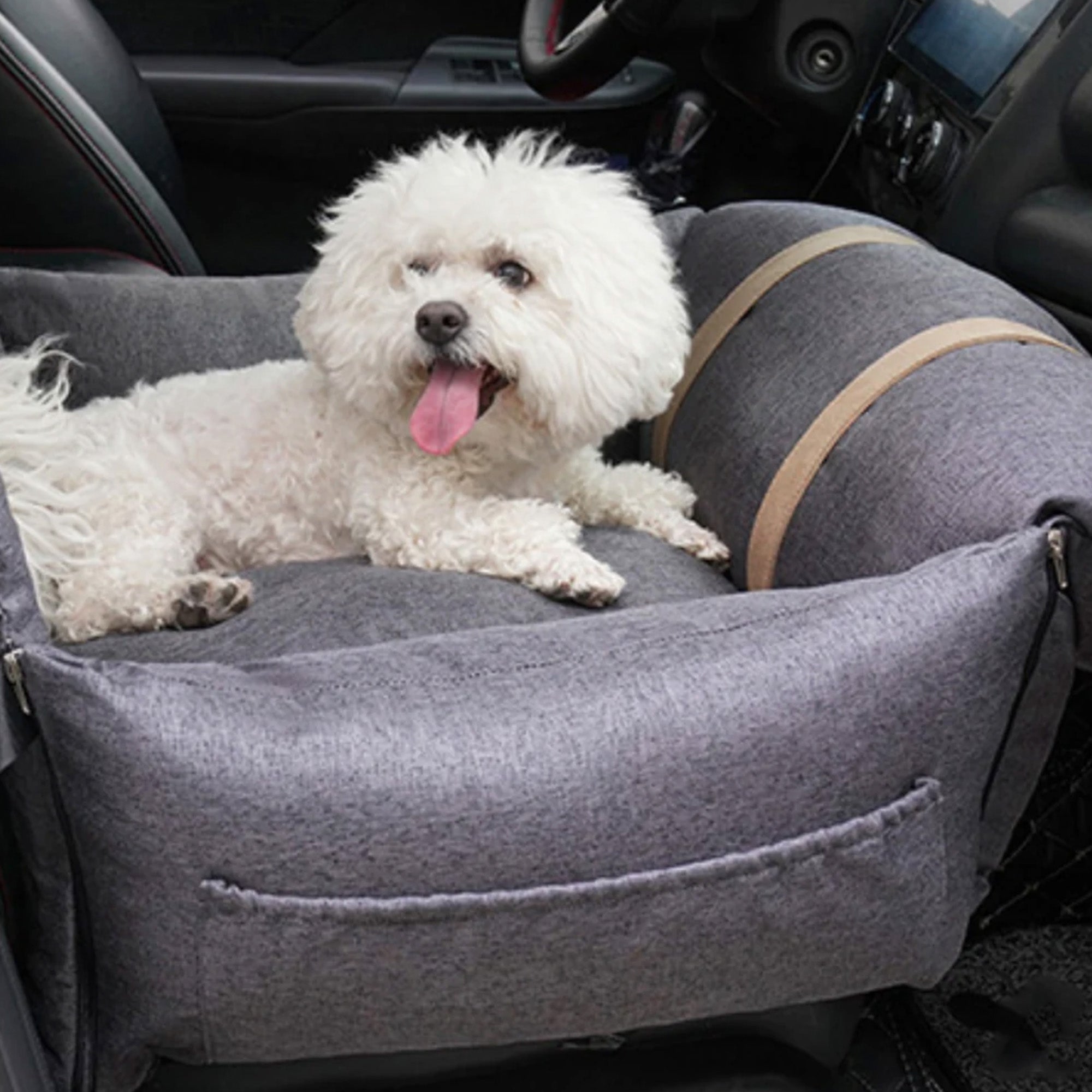 Weißer Hund in grauem orthopädischen Autositz für Haustiere, Sicherheitsbett im Auto.