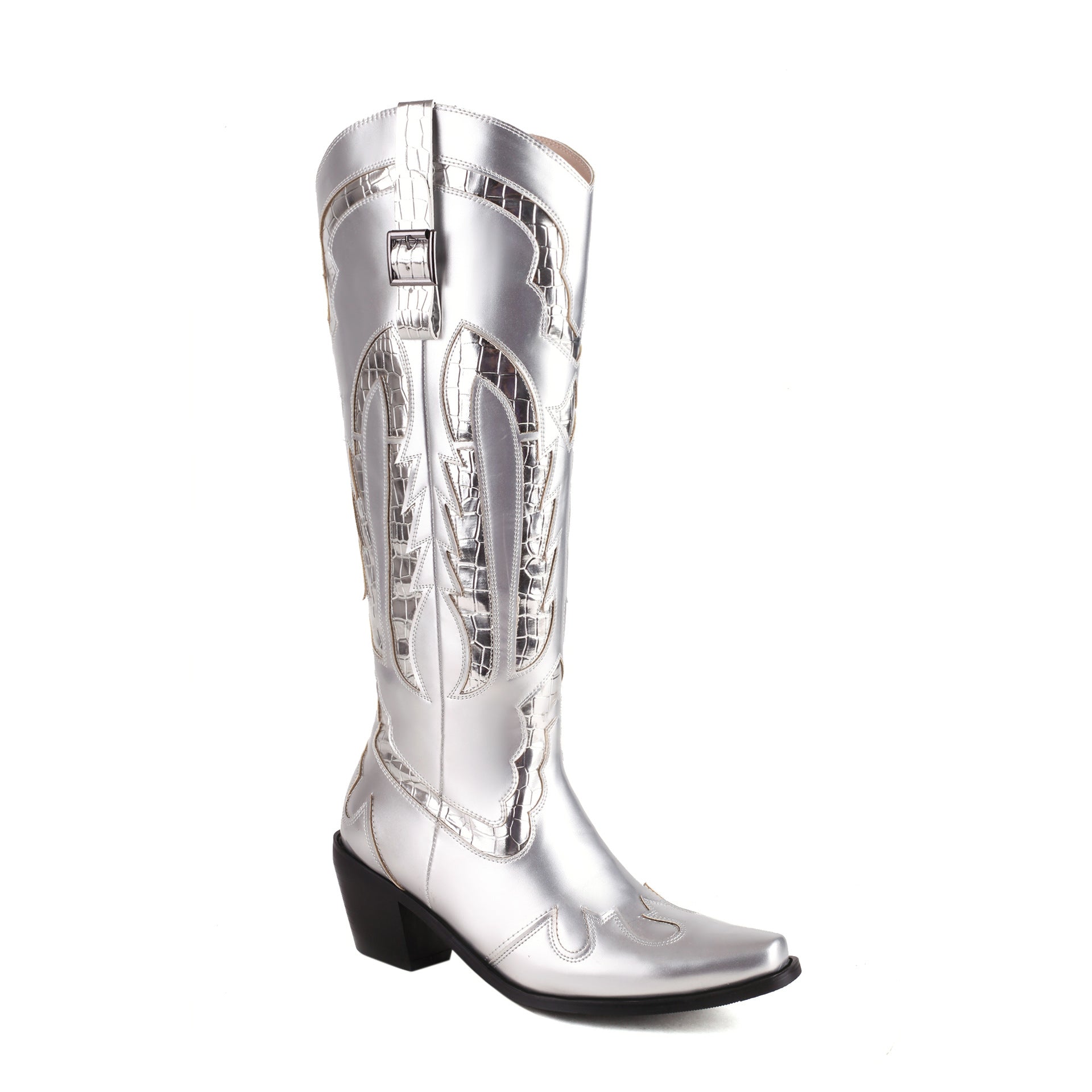 Silberner Cowboystiefel mit Western-Stickerei, spitzer Zehenpartie und Blockabsatz. Perfekt für modische Outfits und trendige Looks.