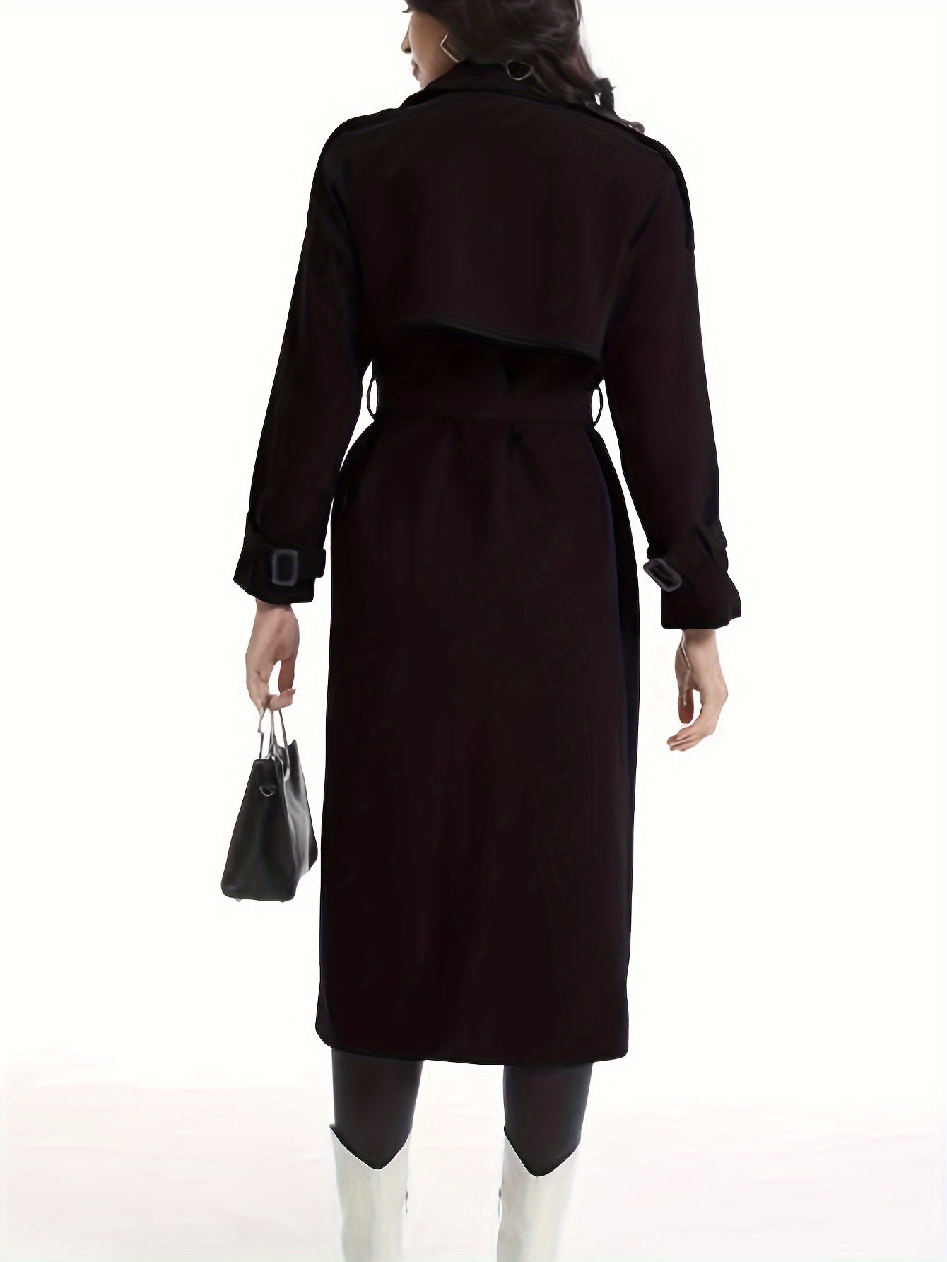Damen-Trenchcoat in Schwarz, elegantes Design, knielang, mit Gürtel und Taschen, ideal für Herbstmode. Perfekt für stilvolle Outfits.