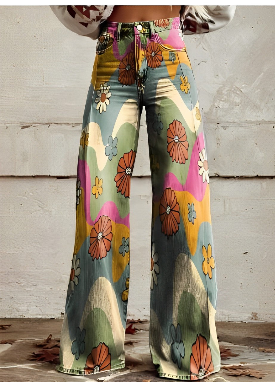 Bunte Schlaghose mit Blumenmuster, Retro-Design, ideal für Vintage-Mode, Damenbekleidung, 70er-Jahre-Stil, auffällige Freizeitkleidung.