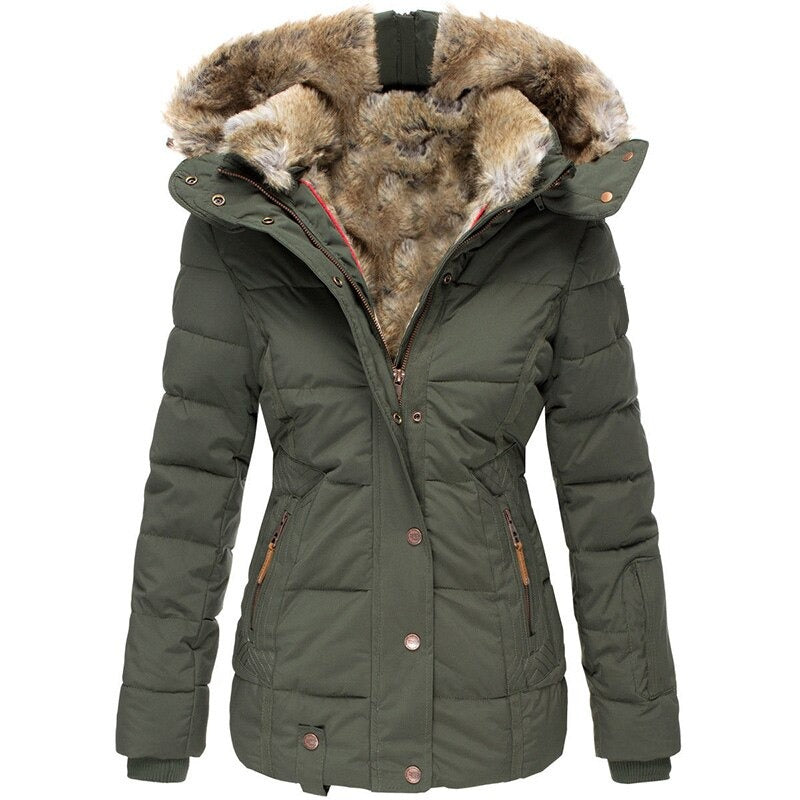 Damen Winterjacke mit Kapuze, olivgrün, gefüttert mit Kunstfell. Perfekt für kalte Tage, modisch und warm. Ideal für Outdoor-Aktivitäten.
