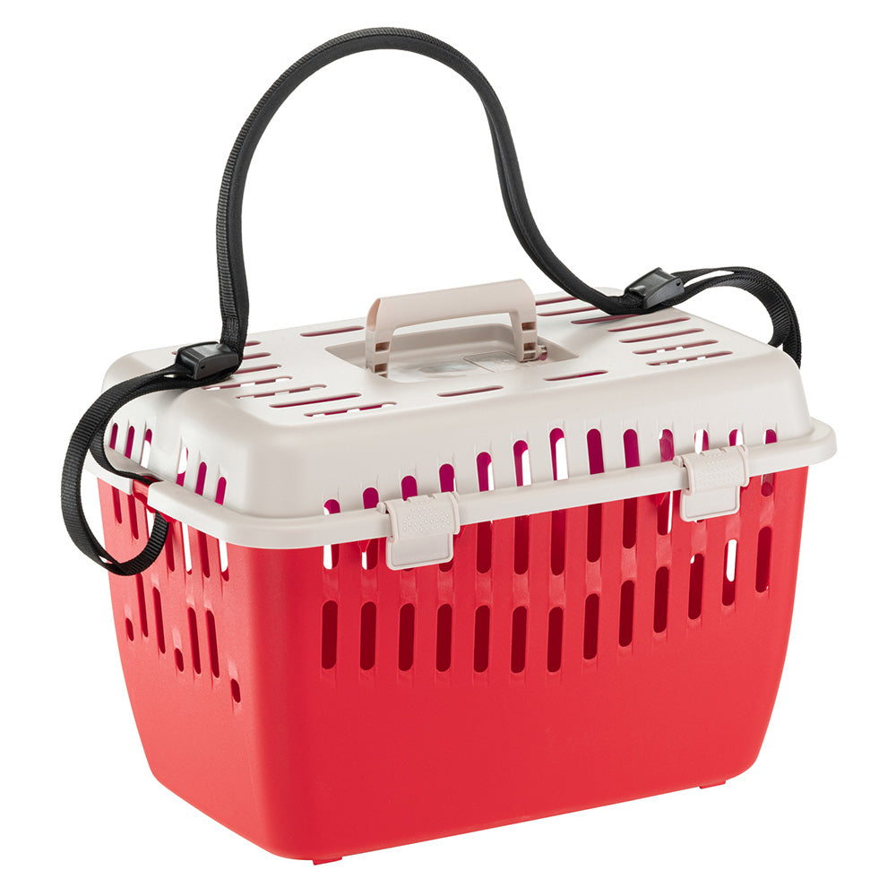 Rote Transportbox für Haustiere mit weißem Deckel und Tragegriff, ideal für Katzen und kleine Hunde. Praktisch, robust und sicher.