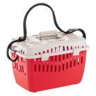 Rote Transportbox für Haustiere mit weißem Deckel und Tragegriff, ideal für Katzen und kleine Hunde. Praktisch, robust und sicher.