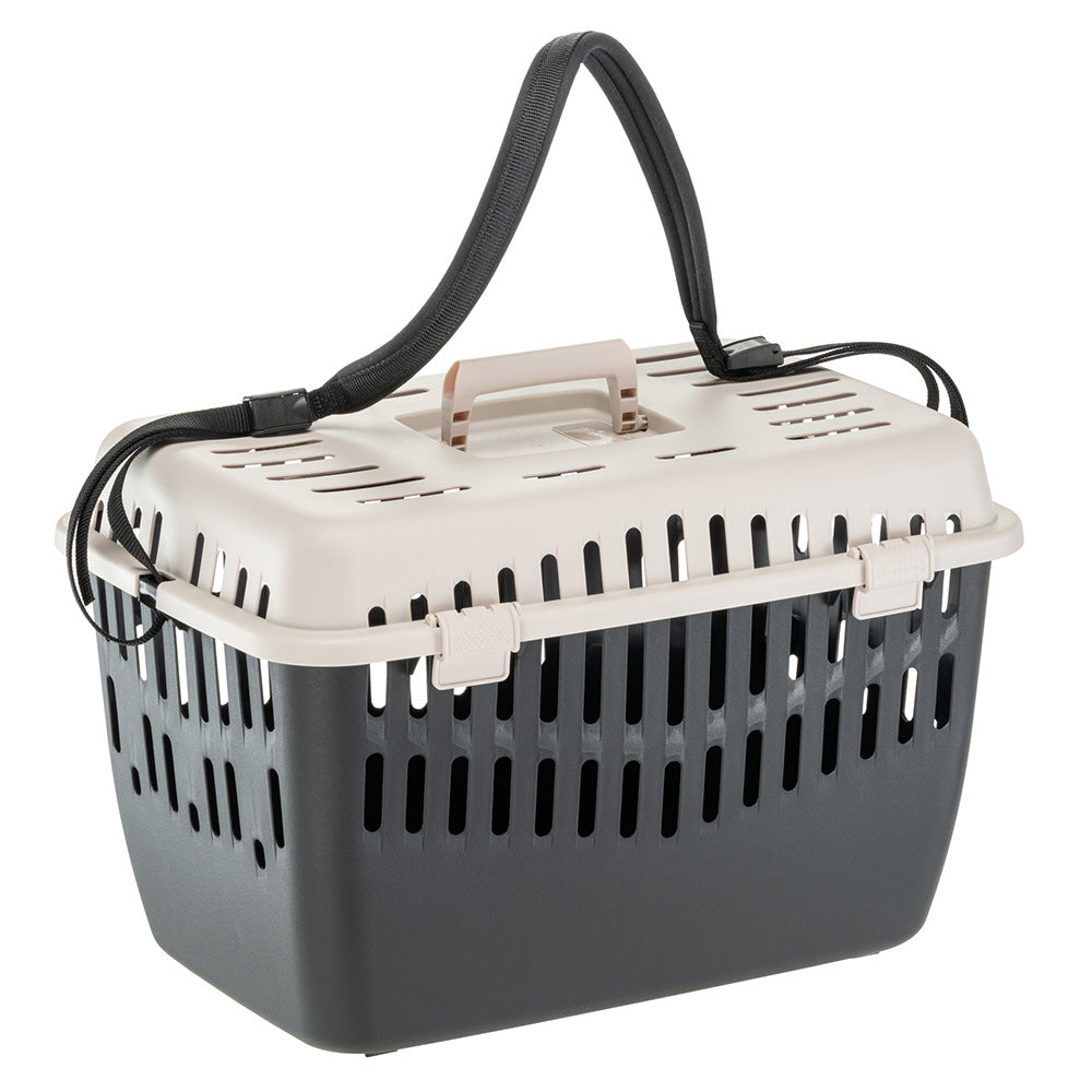 Transportbox für Haustiere, robust und belüftet, ideal für Katzen und kleine Hunde. Praktischer Tragegriff, sicherer Verschluss, leicht zu reinigen.