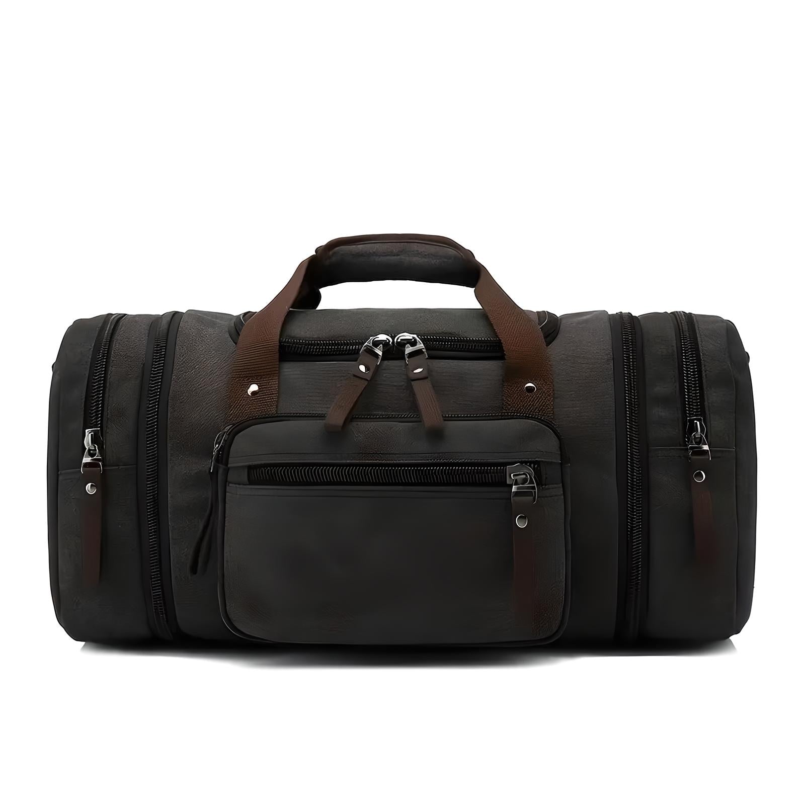 Schwarze Lederreisetasche mit mehreren Reißverschlusstaschen und braunen Griffen.