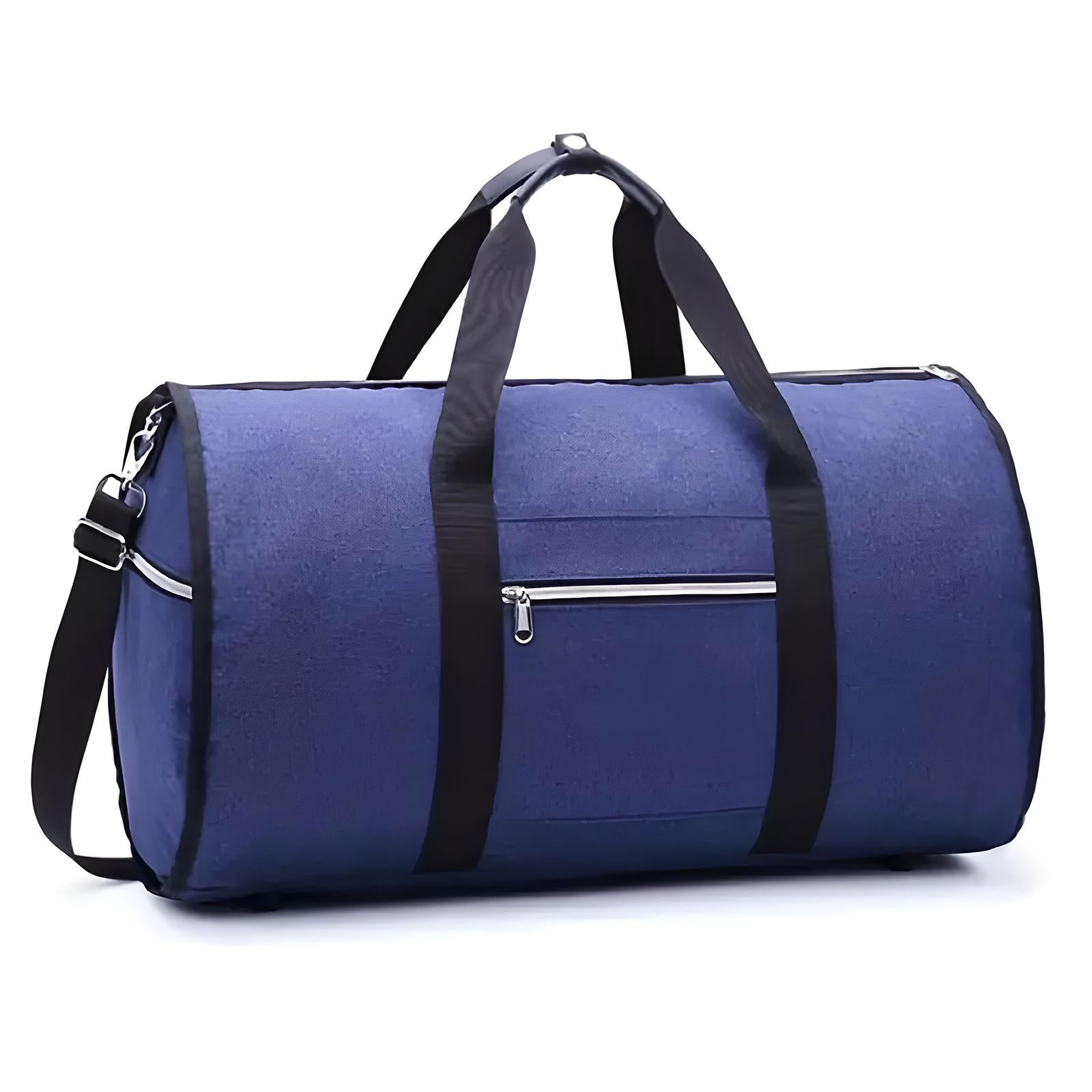 Blaue Sporttasche mit schwarzen Trägern, Reißverschluss, ideal für Fitnessstudio oder Reisen.