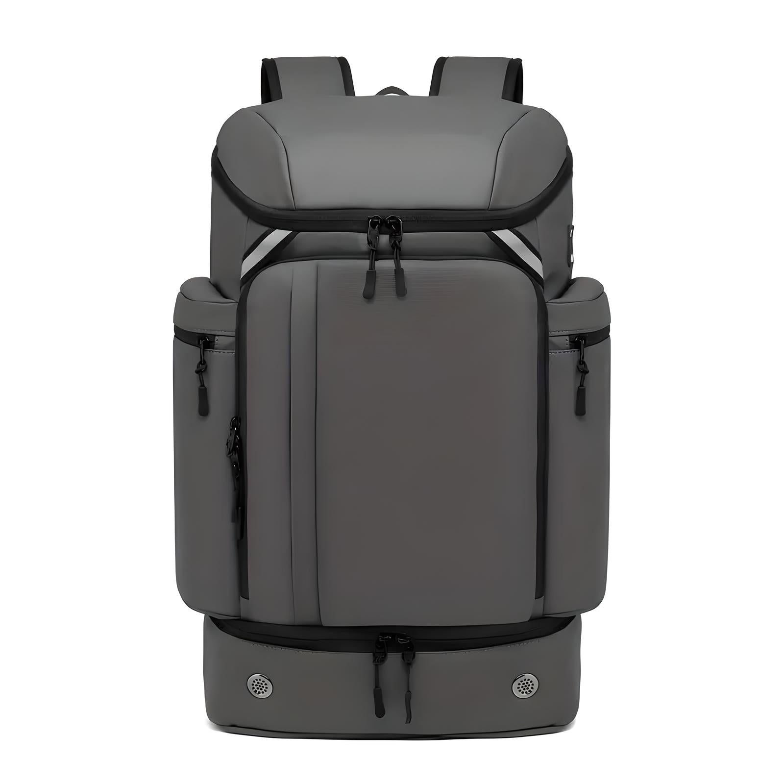 Grauer Rucksack, wasserdicht, mit mehreren Taschen, ideal für Reisen und Outdoor-Aktivitäten.