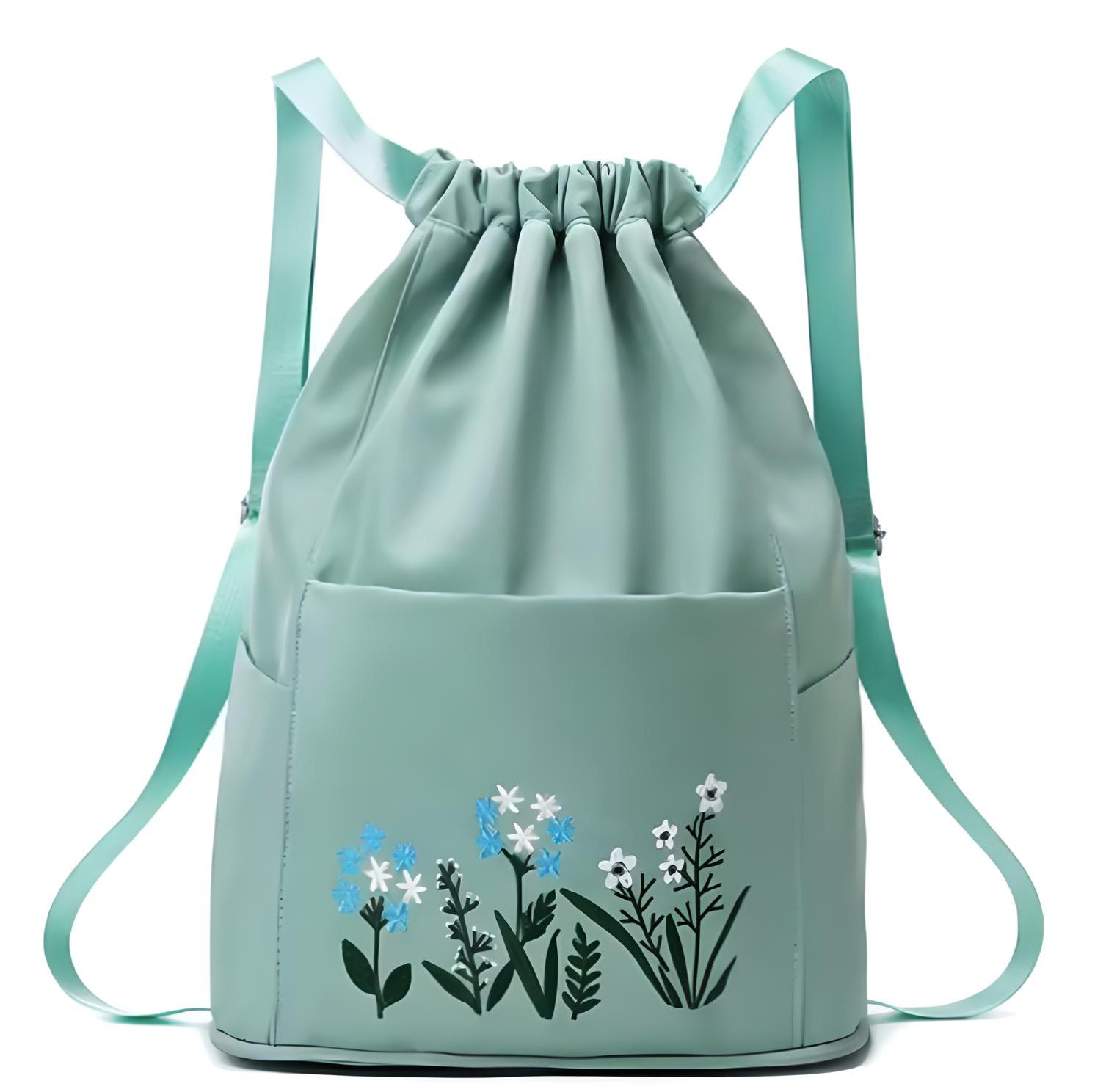Mintgrüner Turnbeutel mit Blumenmuster, Kordelzug, Sporttasche, modisch, langlebig.