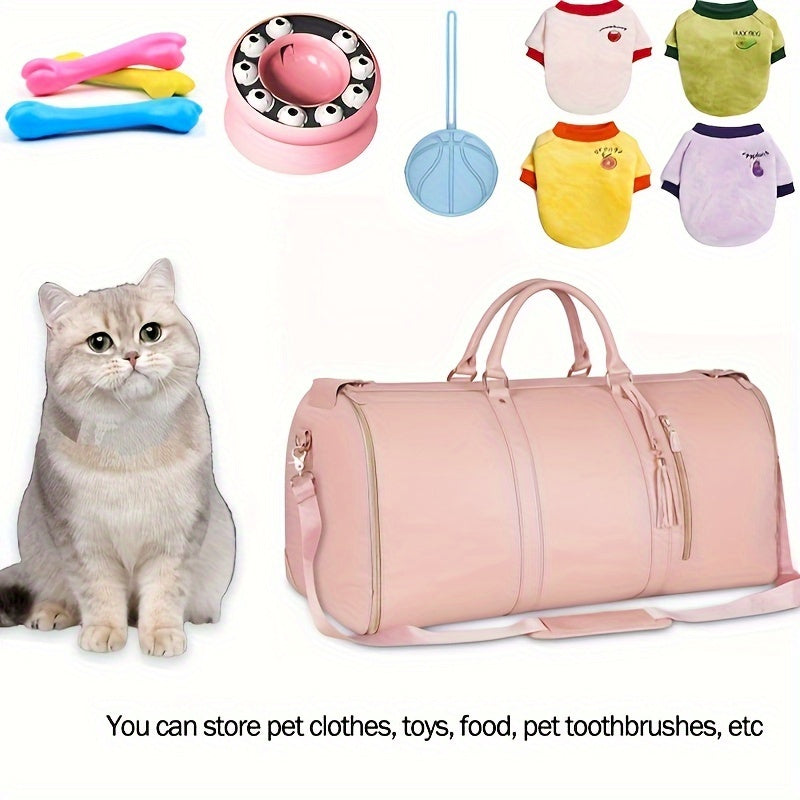 Katzentransporttasche in Rosa, ideal für Reisen. Inklusive Katzenspielzeug, Futternapf und Haustierkleidung. Perfekt für Katzenliebhaber.