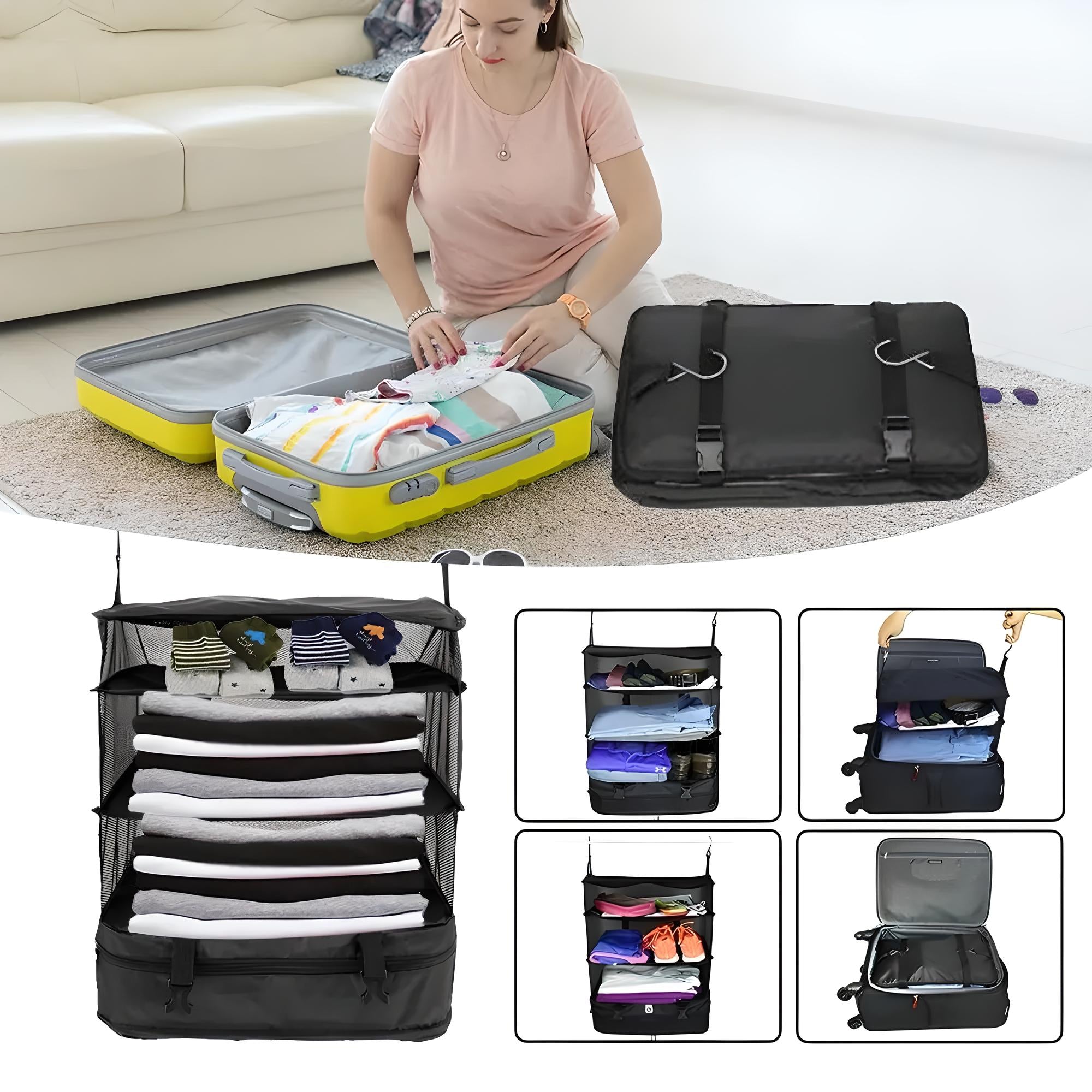 Frau packt gelben Koffer mit schwarzem faltbarem Reiseorganizer, Kleidung ordentlich verstaut.