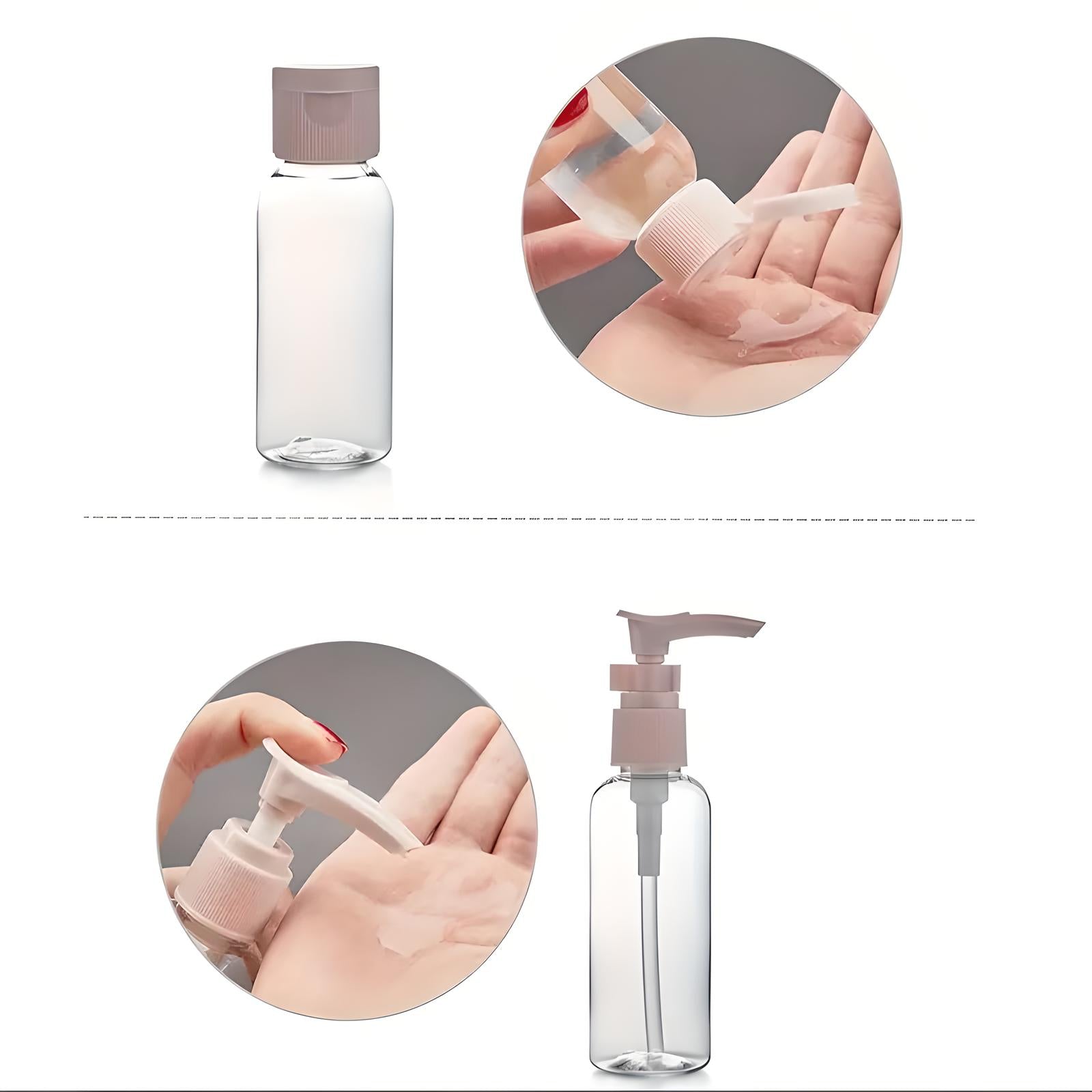 Transparente Kunststoffflasche mit Pumpspender, ideal für Flüssigseife oder Shampoo.