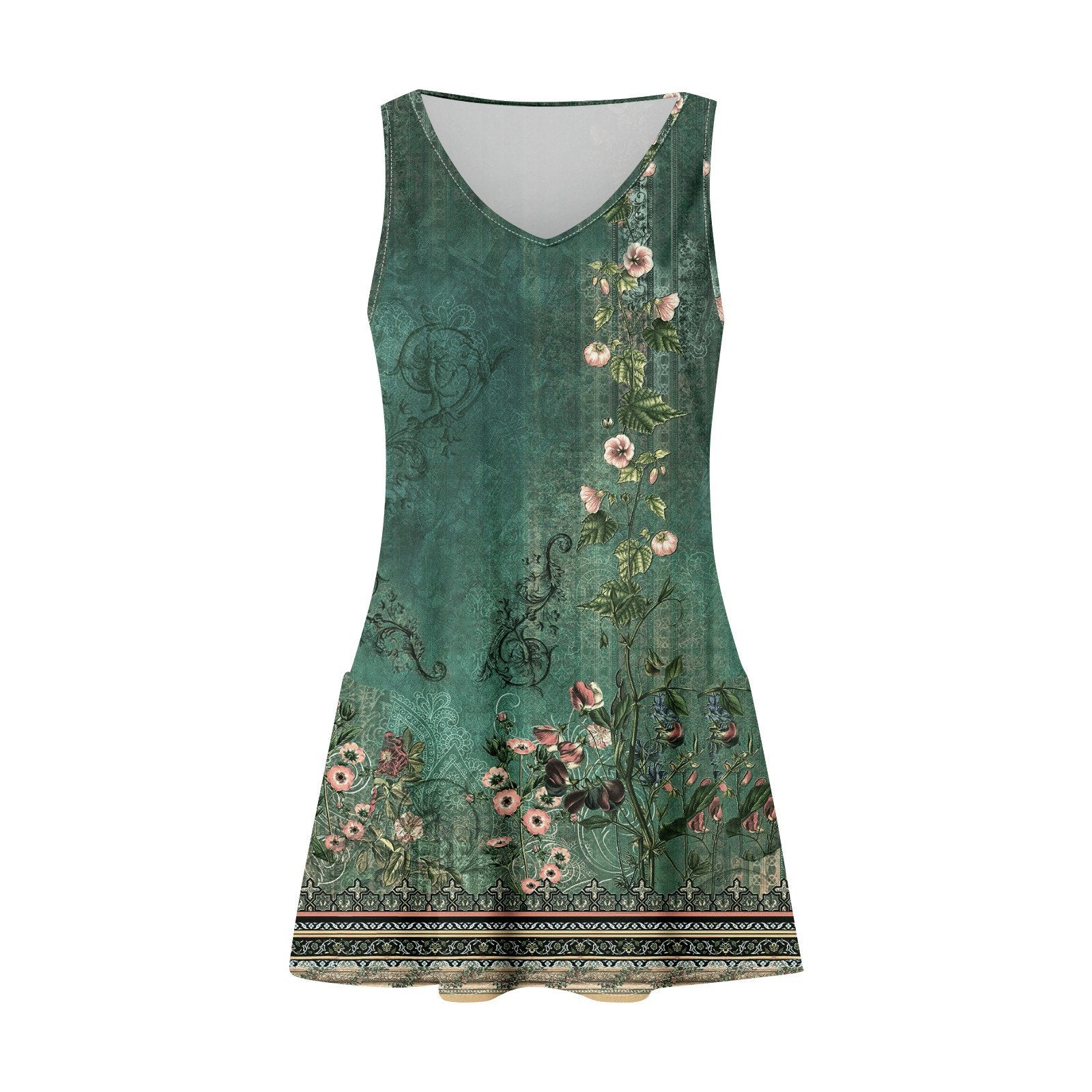 Ärmelloses Damenkleid in Grün mit floralem Muster, V-Ausschnitt und Vintage-Design. Perfekt für Sommermode und elegante Anlässe.