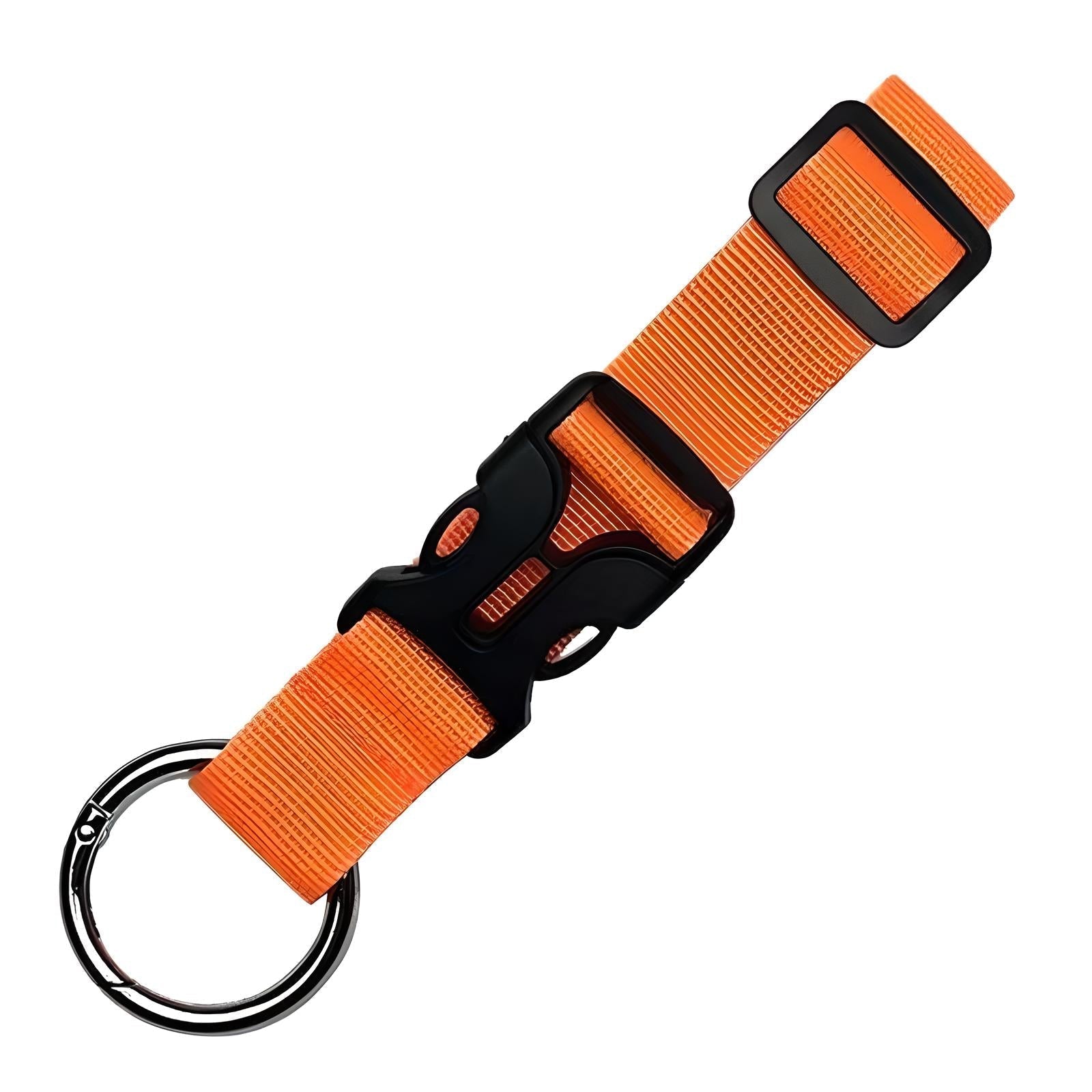Orangefarbener Nylon-Schlüsselanhänger mit schwarzem Kunststoffverschluss und Metallring.