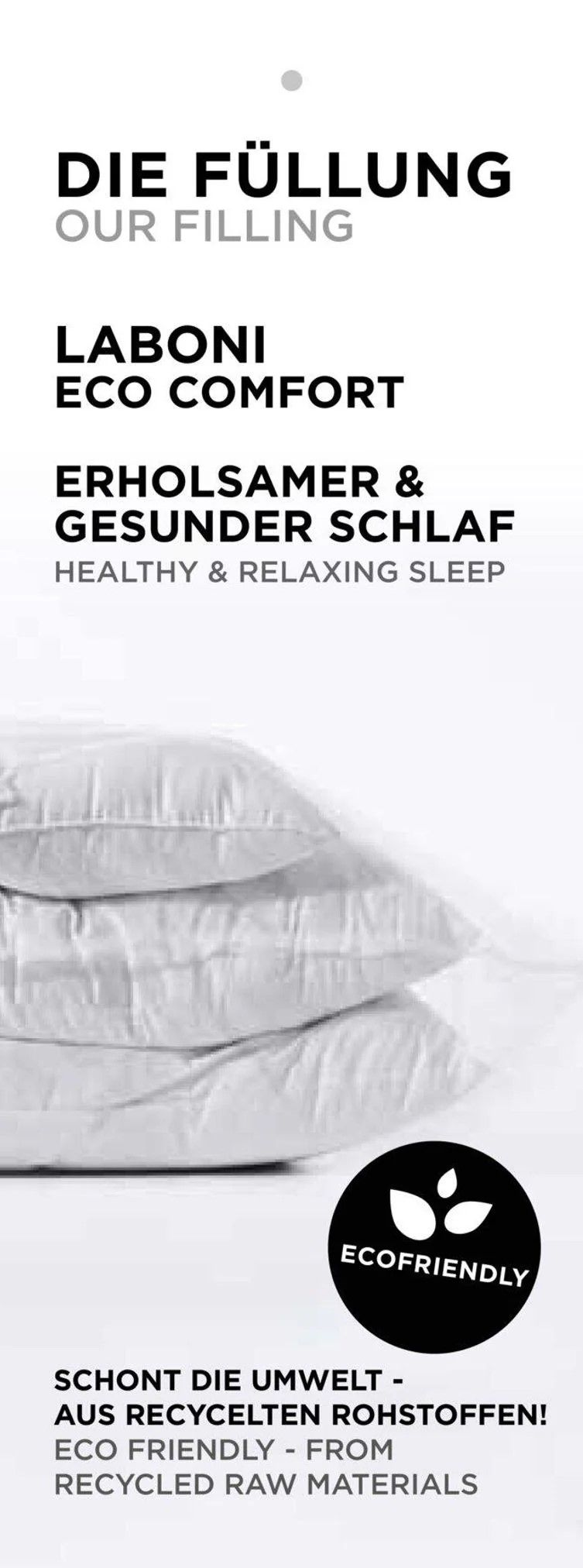 Kissenfüllung Laboni Eco Comfort, umweltfreundlich, recycelte Materialien, erholsamer Schlaf.