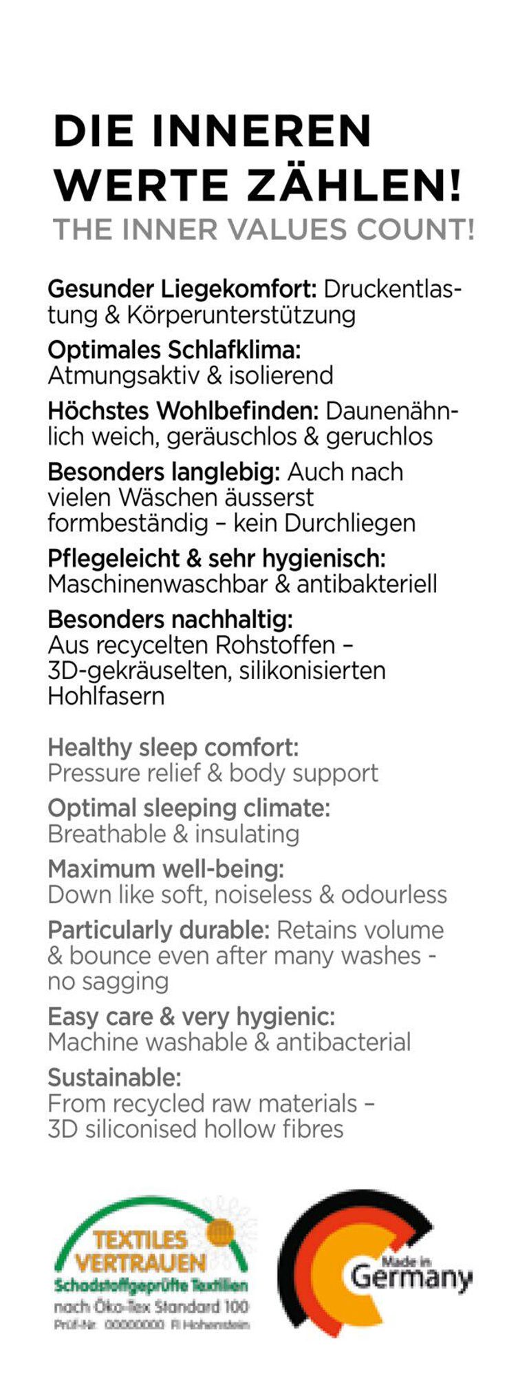 Infografik über Daunenkissen: Komfort, Langlebigkeit, Pflegeleicht, Antibakteriell, Made in Germany.