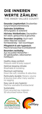 Infografik über Bettwaren: Druckentlastung, atmungsaktiv, Daunenähnlich, antibakteriell, langlebig.