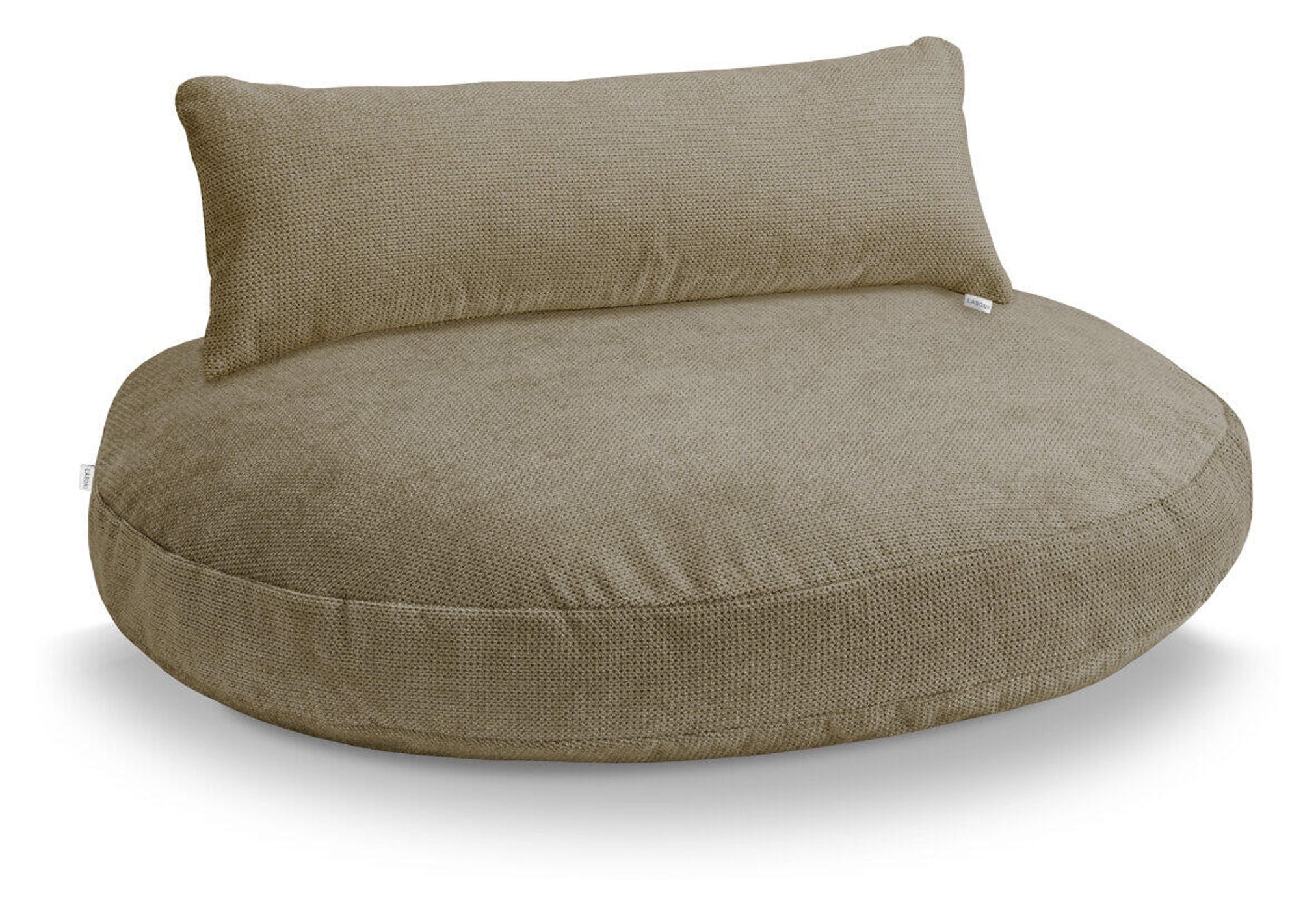 Großer, runder, beige Sitzsack mit Rückenlehne, gemütlich, modernes Design, Wohnzimmermöbel.