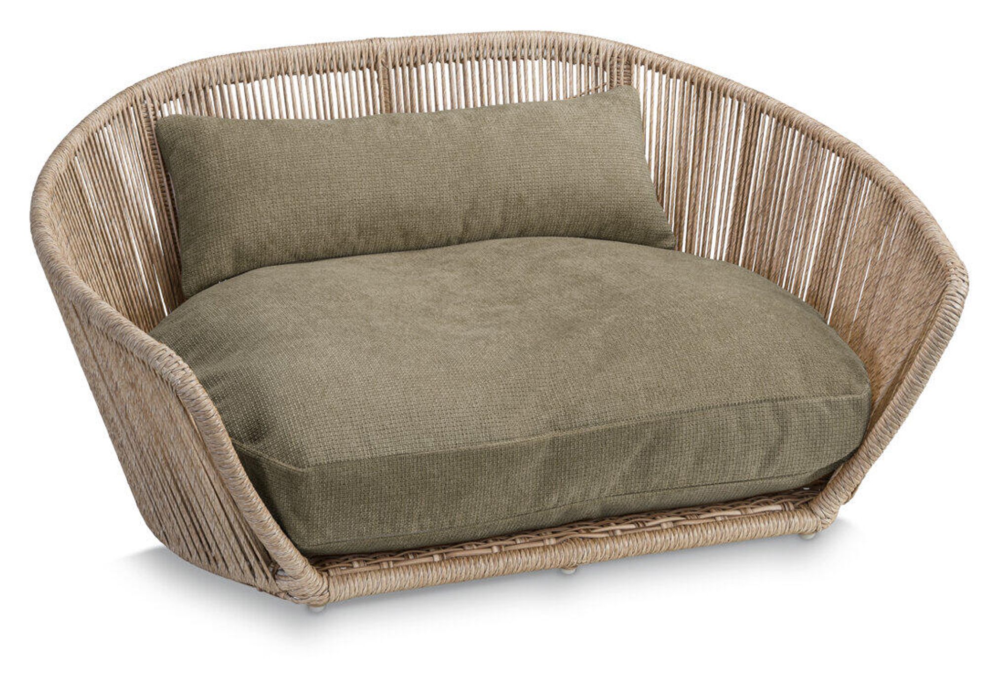 Rattan-Hundebett mit grünem Kissen, modernes Design, gemütlich, für Haustiere geeignet.