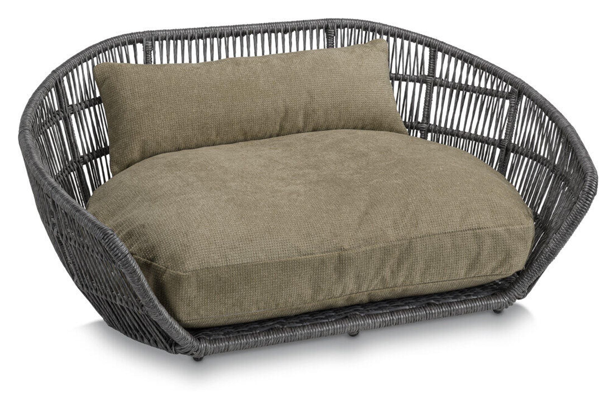 Graues Hundebett aus Rattan mit olivgrünem Kissen, modernes Design, Haustiermöbel.