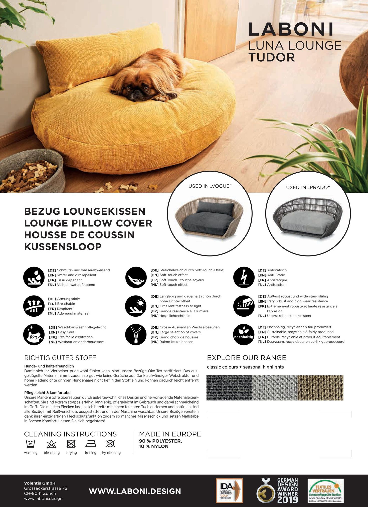 Hundebett auf gelbem Kissen, LABONI Luna Lounge, gemütlich, waschbar, langlebig, stilvoll.