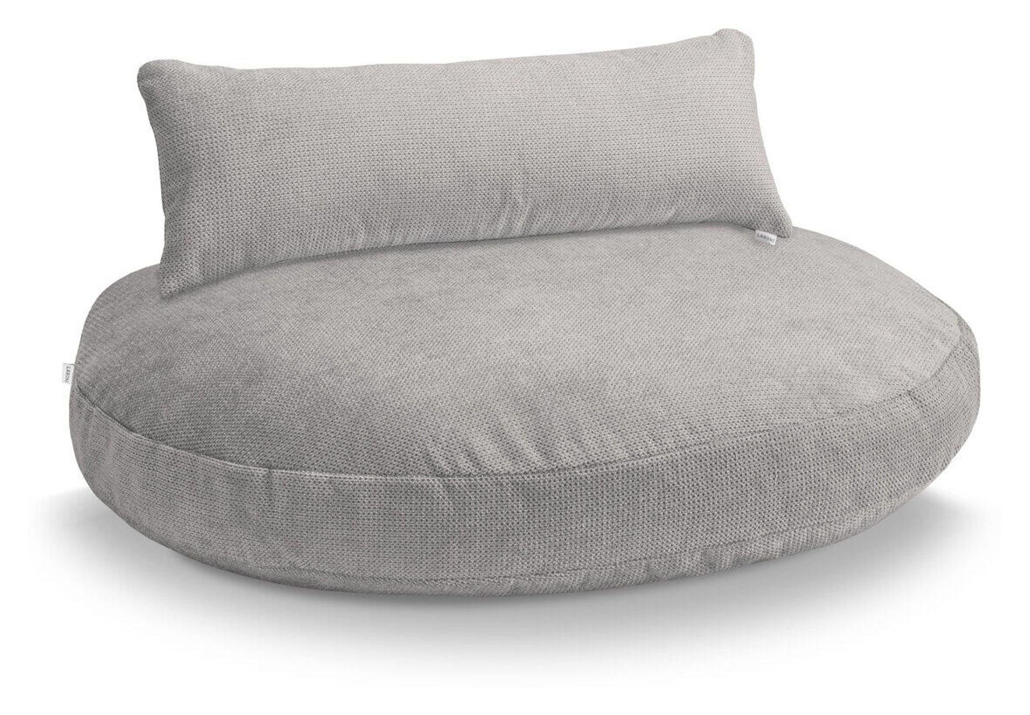 Graues, rundes Sitzkissen mit Rückenlehne, modernes Design, Wohnzimmermöbel, gemütlich.
